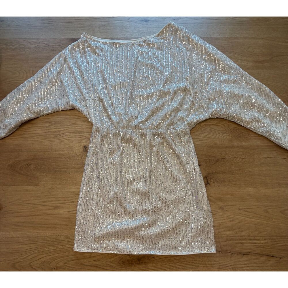 SHEIN Champagne Silver Sequin Mini Dress Asymmetrical Neckline Party Dress